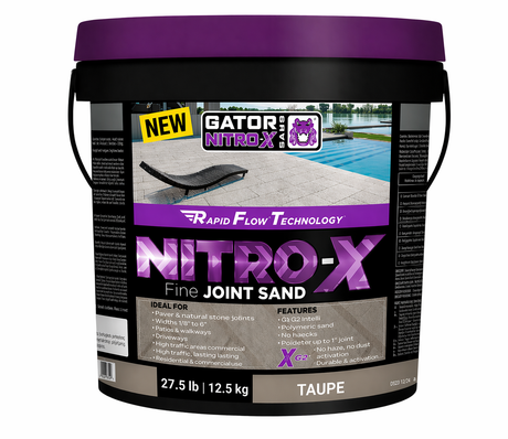 Alliance Gator Nitro X fine joint polymeric sand in taupe, 27.5 lb pail for paver and natural stone joints up to 1 inch.