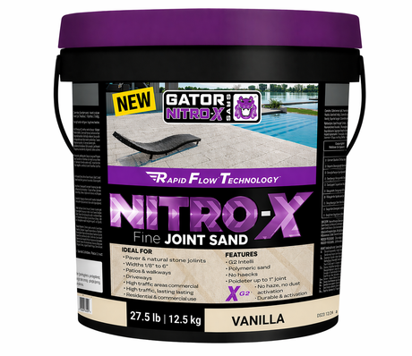 Alliance Gator Nitro X fine joint polymeric sand in vanilla, 27.5 lb pail for paver and natural stone joints up to 1 inch.