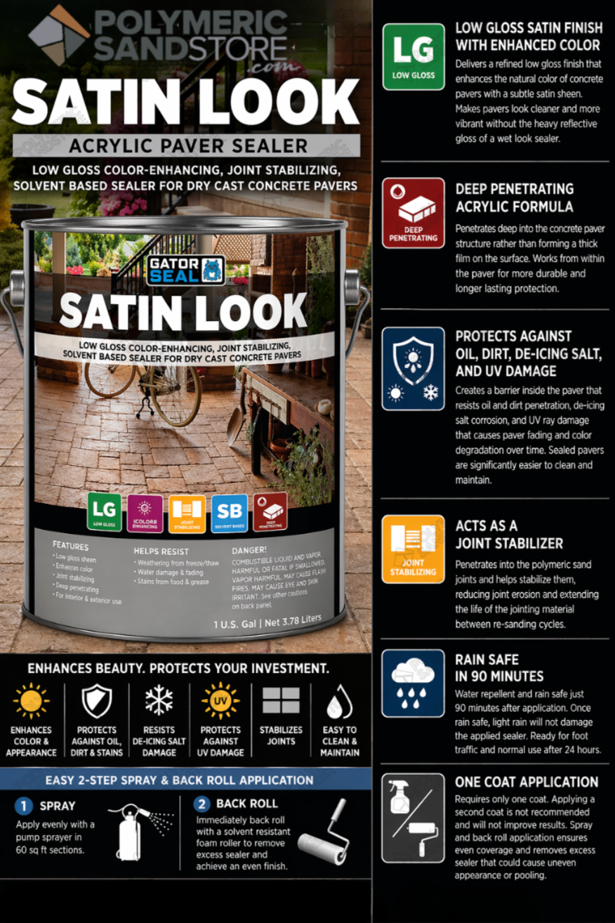 Alliance Gator Seal Satin Look paver sealer infographic showing low gloss, deep penetrating, joint stabilizer, rain safe.