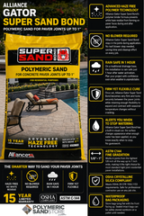 Alliance Gator Super Sand Bond polymeric sand infographic showing haze free, rain safe, firm flexible cure, no blower needed.