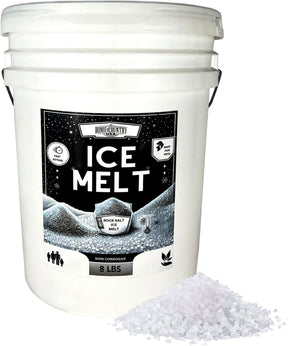 Home & Country USA Rock Salt Ice Melt 8 lb white bucket with black label beside a pile of white rock salt granules, fast acting non-corrosive eco friendly de-icer for driveways, walkways and entryways