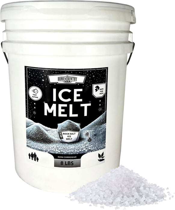 Home & Country USA Rock Salt Ice Melt 8 lb white bucket with black label beside a pile of white rock salt granules, fast acting non-corrosive eco friendly de-icer for driveways, walkways and entryways