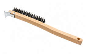 Long handle wire brush with metal scraper, wood handle hand tool for removing rust, paint, and debris from hard surfaces.