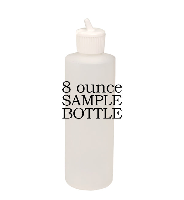 8 ounce paver sealer sample bottle, plain white plastic squeeze bottle labelled 8 ounce sample bottle used for Polymeric Sand Store sealer samples