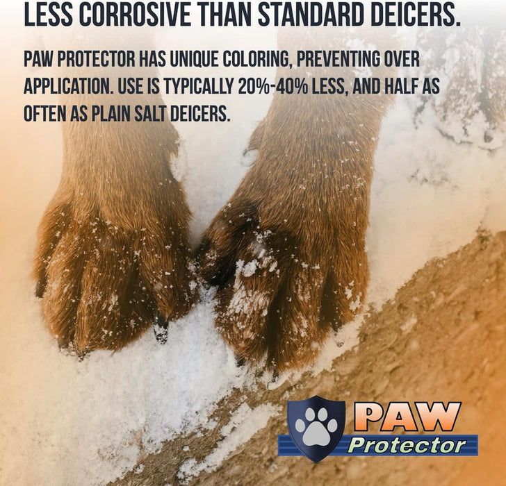 Paw Protector pet friendly ice melt ad with a dog's paws in snow, pet safe driveway and sidewalk deicer that is less corrosive than standard deicers, unique coloring prevents over application and uses 20 to 40 percent less than plain salt