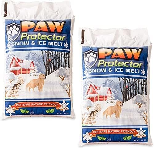 Paw Protector pet safe ice melt 2-pack of 20 lb bags, pet friendly snow and ice melter and dog safe deicer for driveways, sidewalks and steps, winter cabin and golden retriever bag artwork