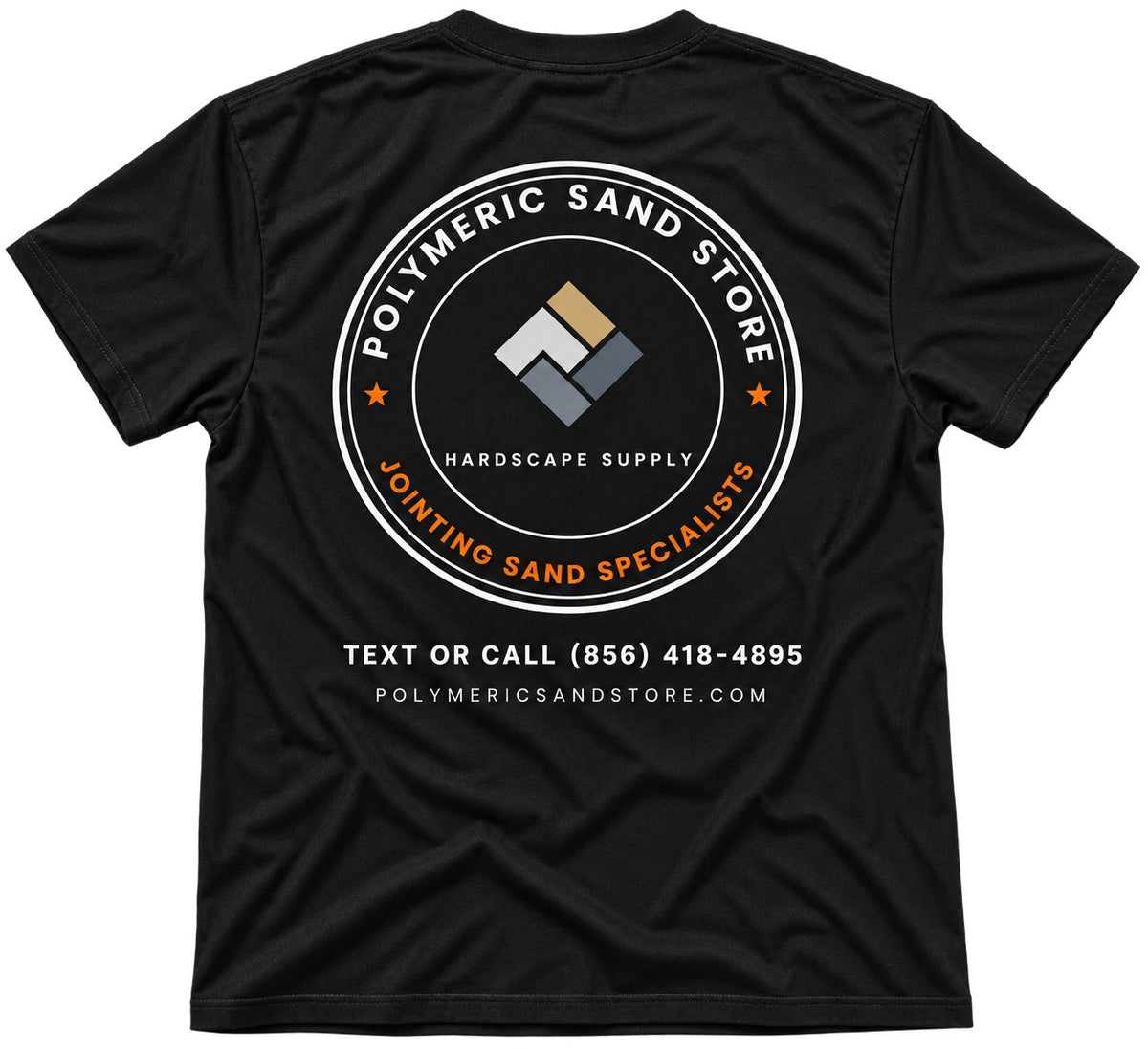 Back of the black Polymeric Sand Store t-shirt with the round Jointing Sand Specialists badge