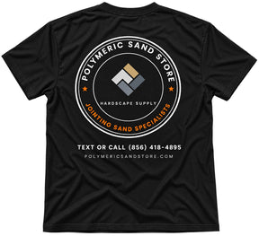 Back of the black Polymeric Sand Store t-shirt with the round Jointing Sand Specialists badge