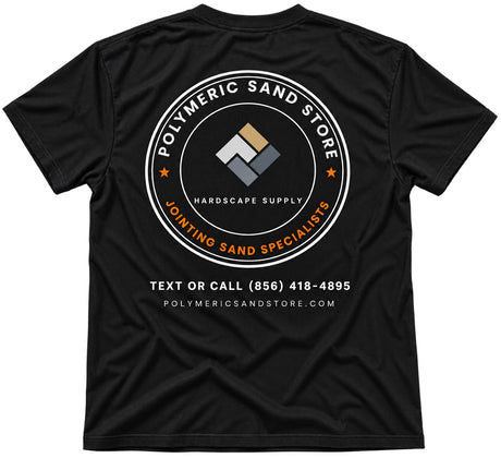 Back of the black Polymeric Sand Store t-shirt with the round Jointing Sand Specialists badge