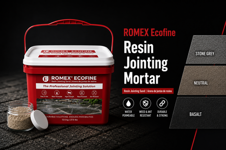 ROMEX ECOFINE resin jointing sand color sample kit with all 3 colors, Stone Grey, Neutral, and Basalt, shown with 2 oz sample jar and 27.5 lb bucket