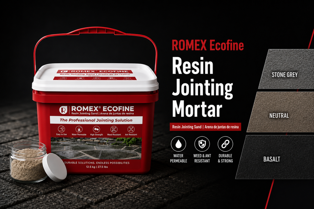 ROMEX ECOFINE resin jointing sand color sample kit with all 3 colors, Stone Grey, Neutral, and Basalt, shown with 2 oz sample jar and 27.5 lb bucket