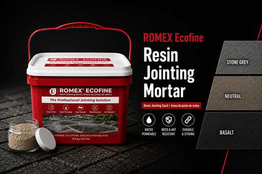 ROMEX ECOFINE resin jointing sand color sample kit with all 3 colors, Stone Grey, Neutral, and Basalt, shown with 2 oz sample jar and 27.5 lb bucket