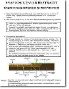SEK Snap Edge paver restraint engineering specifications for nail placement and spacing