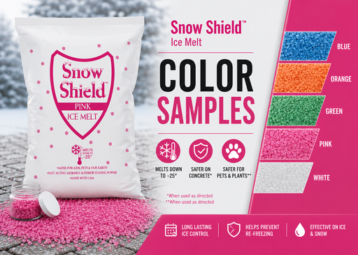 Snow Shield ice melt color sample kit — Blue, Orange, Green, Pink, and White colors, melts to -25°F, safer on concrete and for pets and plants