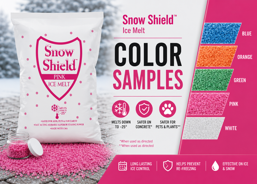 Snow Shield ice melt color sample kit — Blue, Orange, Green, Pink, and White colors, melts to -25°F, safer on concrete and for pets and plants