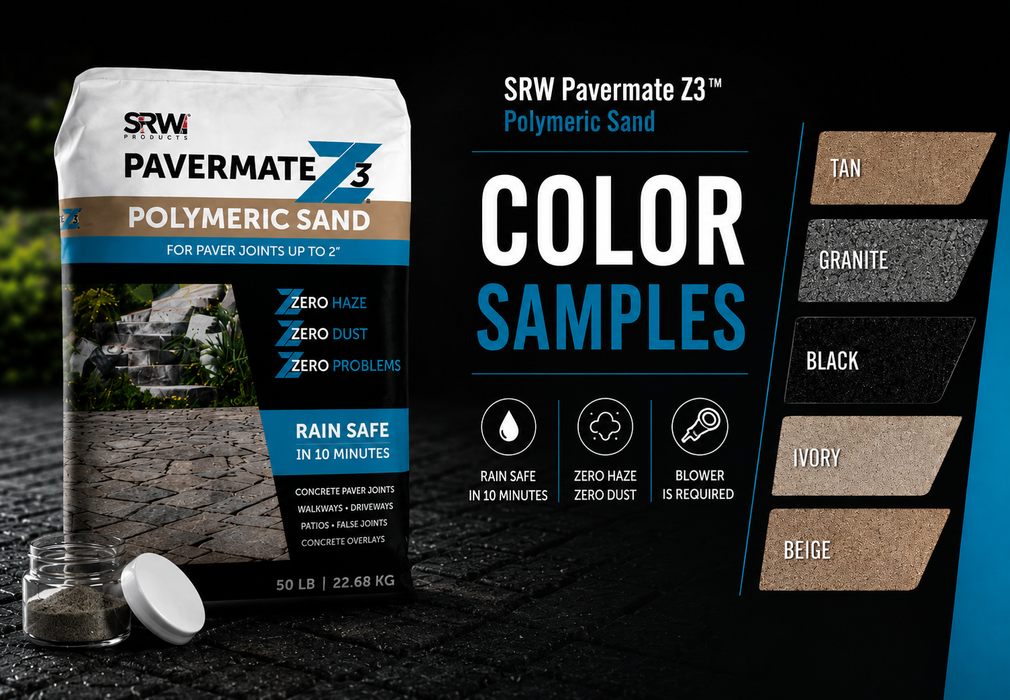 All 5 SRW Pavermate Z3 polymeric sand color samples — Tan, Granite, Black, Ivory, and Beige — kit by Polymeric Sand Store