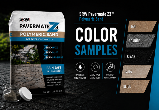 All 5 SRW Pavermate Z3 polymeric sand color samples — Tan, Granite, Black, Ivory, and Beige — kit by Polymeric Sand Store