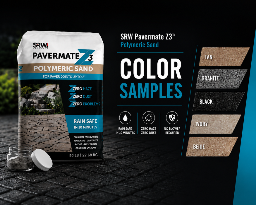 All 5 SRW Pavermate Z3 polymeric sand color samples — Tan, Granite, Black, Ivory, and Beige — kit by Polymeric Sand Store