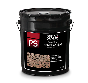 SRW Products PS Paver Seal Penetrating sealer in a black pail with a paver image on the label, water based invisible natural look penetrating paver sealer for concrete pavers and hardscapes