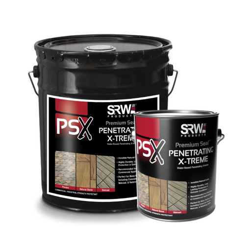 SRW Products PSX Penetrating X-Treme water based penetrating paver sealer shown as a black 5 gallon pail and 1 gallon can, invisible natural look commercial strength sealer for pavers, natural stone and retaining walls