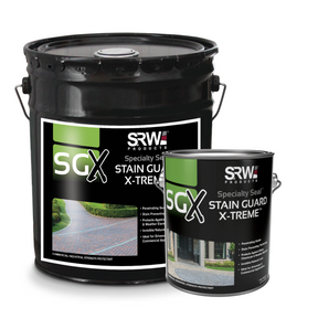 SRW Products SGX Stain Guard X-Treme specialty seal shown as a black 5 gallon pail and 1 gallon can with paver driveway photos on the labels, penetrating stain resistant paver sealer for driveways and commercial hardscapes