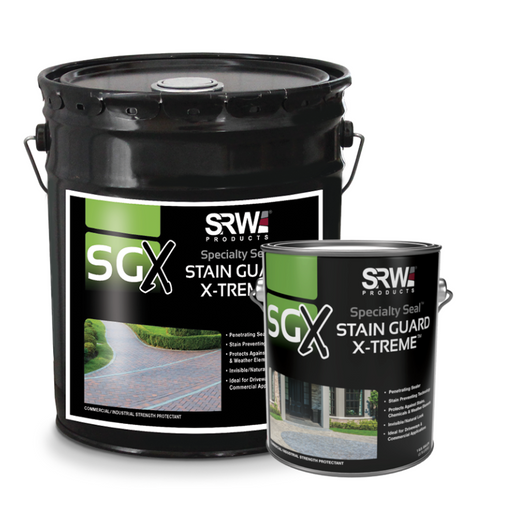 SRW Products SGX Stain Guard X-Treme specialty seal shown as a black 5 gallon pail and 1 gallon can with paver driveway photos on the labels, penetrating stain resistant paver sealer for driveways and commercial hardscapes