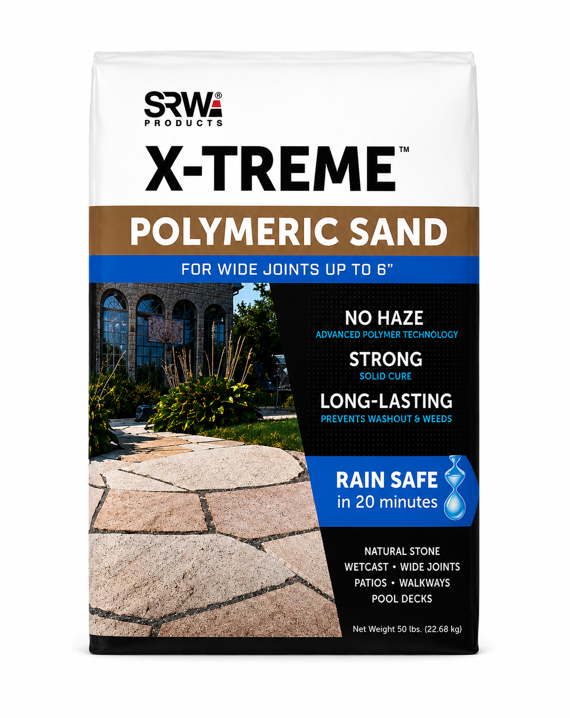 SRW X-Treme polymeric sand 50 lb bag, front view. Wide-joint polymeric sand for joints up to 6 inches on natural stone, wetcast, patios, walkways, and pool decks. No haze, strong solid cure, long-lasting, rain safe in 20 minutes.