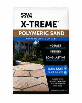 SRW X-Treme polymeric sand 50 lb bag, front view. Wide-joint polymeric sand for joints up to 6 inches on natural stone, wetcast, patios, walkways, and pool decks. No haze, strong solid cure, long-lasting, rain safe in 20 minutes.