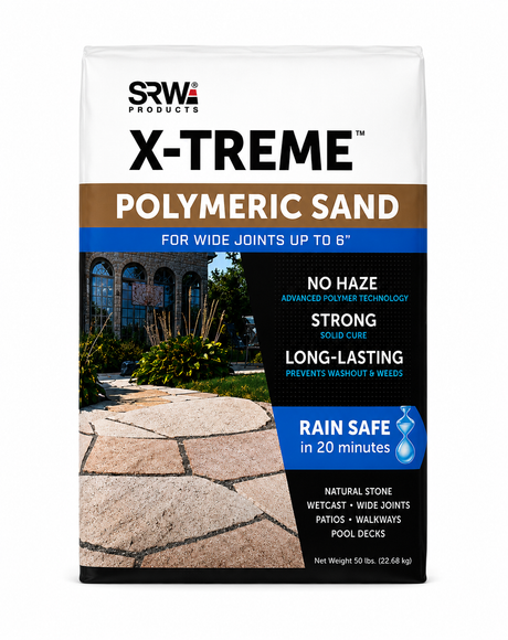 SRW X-Treme polymeric sand 50 lb bag, front view. Wide-joint polymeric sand for joints up to 6 inches on natural stone, wetcast, patios, walkways, and pool decks. No haze, strong solid cure, long-lasting, rain safe in 20 minutes.