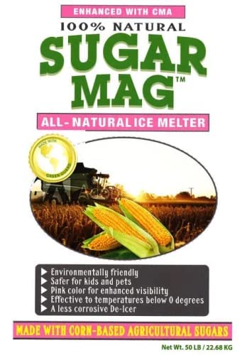 Sugar Mag 100% natural pet friendly ice melt 50 lb bag label, all natural ice melter enhanced with CMA and corn based agricultural sugars, safe snow and ice melt for driveways, sidewalks and concrete, effective below 0 degrees Fahrenheit