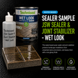 Techniseal JSW Sealer & Joint Stabilizer Wet Look 8oz sample bottle with real 1-gallon Techniseal water-based paver sealer can, glossy wet-look finish on paver joints - Polymeric Sand Store