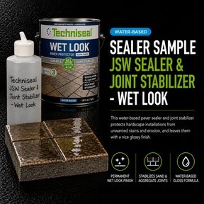 Techniseal JSW Sealer & Joint Stabilizer Wet Look 8oz sample bottle with real 1-gallon Techniseal water-based paver sealer can, glossy wet-look finish on paver joints - Polymeric Sand Store
