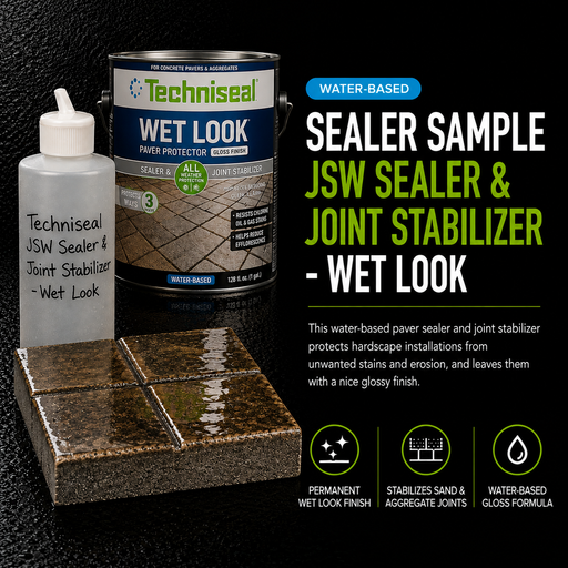 Techniseal JSW Sealer & Joint Stabilizer Wet Look 8oz sample bottle with real 1-gallon Techniseal water-based paver sealer can, glossy wet-look finish on paver joints - Polymeric Sand Store