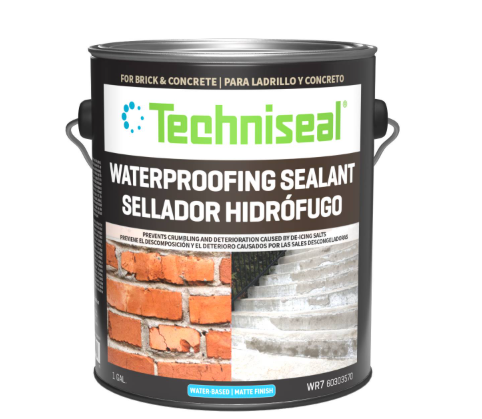 Techniseal WR7 waterproofing sealant 1 gallon can for brick and concrete, water based matte finish penetrating water repellent shown with brick wall and concrete steps, masonry sealer for salt and freeze thaw protection